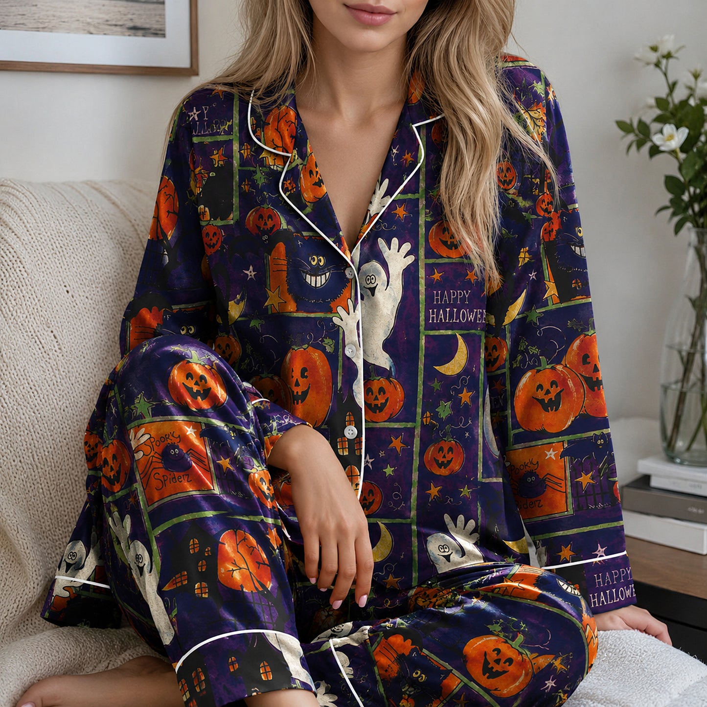 PJ-602-Purple Vintage Halloween Patchwork Satin Pajamas Ghost Pumpkin Cat Sleepwear Pjs