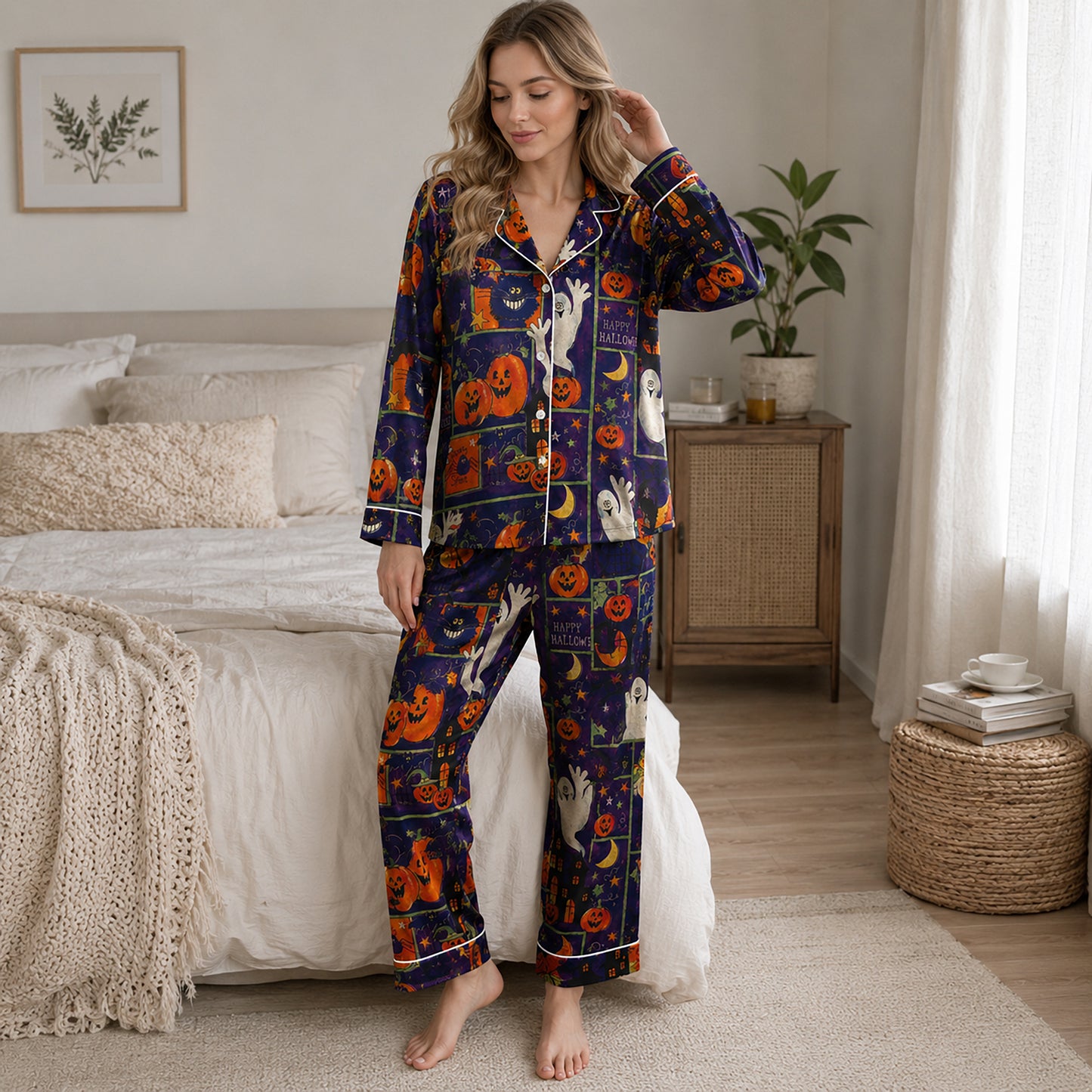 PJ-602-Purple Vintage Halloween Patchwork Satin Pajamas Ghost Pumpkin Cat Sleepwear Pjs
