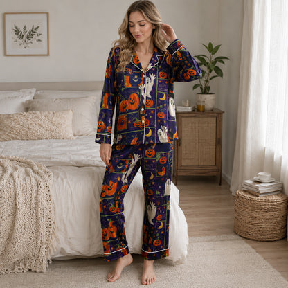 PJ-602-Purple Vintage Halloween Patchwork Satin Pajamas Ghost Pumpkin Cat Sleepwear Pjs