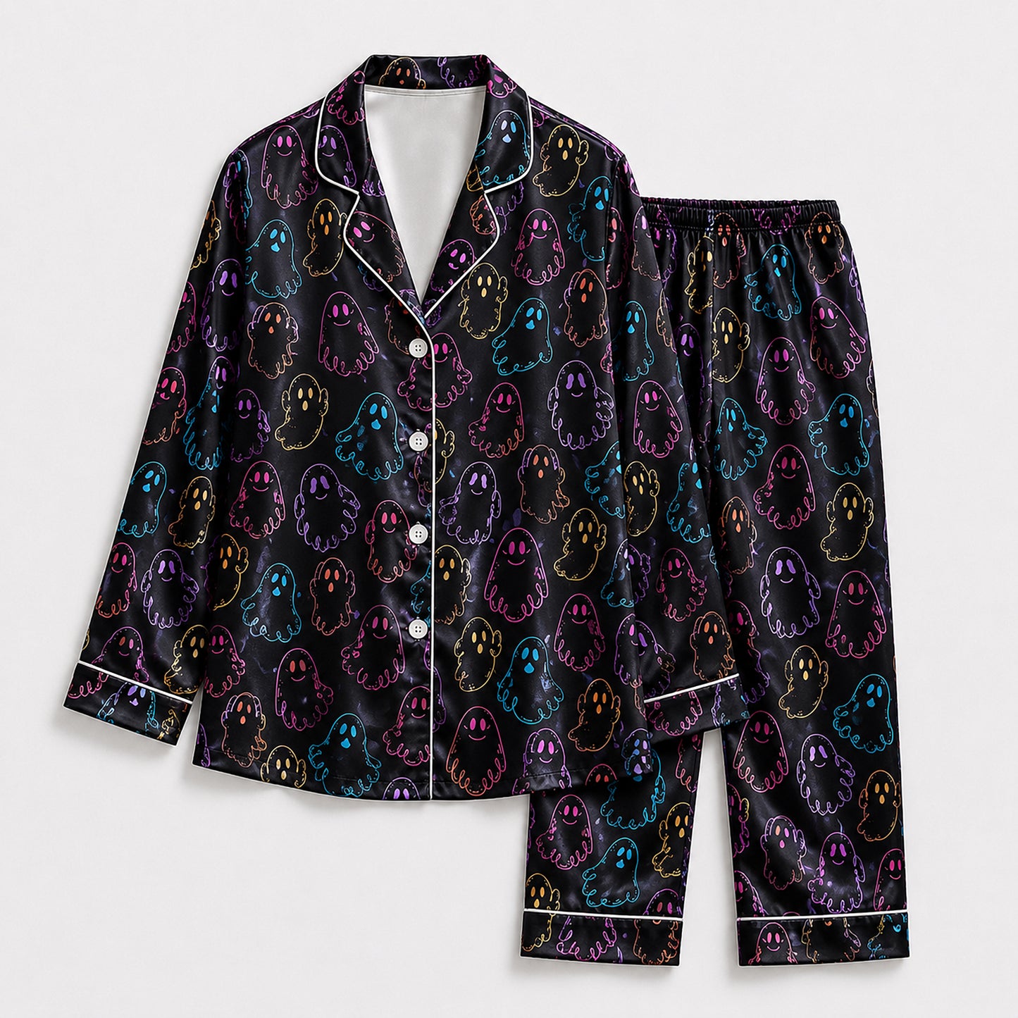 PJ-603-Black Neon Ghost Satin Pajamas Colorful Spooky Cute Halloween Sleepwear Pjs