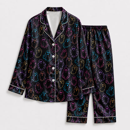 PJ-603-Black Neon Ghost Satin Pajamas Colorful Spooky Cute Halloween Sleepwear Pjs