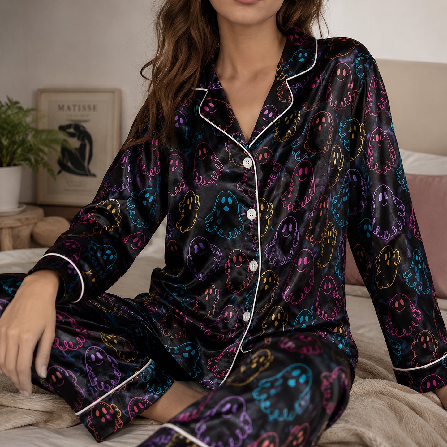 PJ-603-Black Neon Ghost Satin Pajamas Colorful Spooky Cute Halloween Sleepwear Pjs