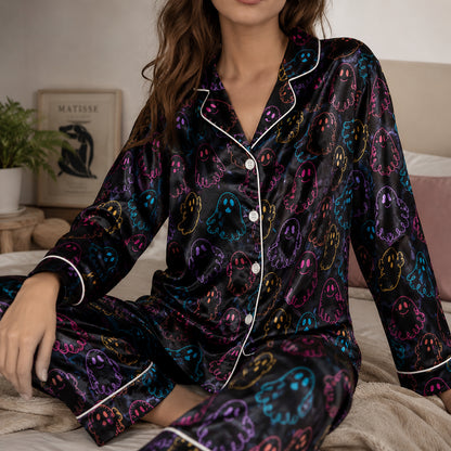PJ-603-Black Neon Ghost Satin Pajamas Colorful Spooky Cute Halloween Sleepwear Pjs