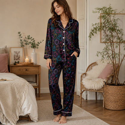 PJ-603-Black Neon Ghost Satin Pajamas Colorful Spooky Cute Halloween Sleepwear Pjs