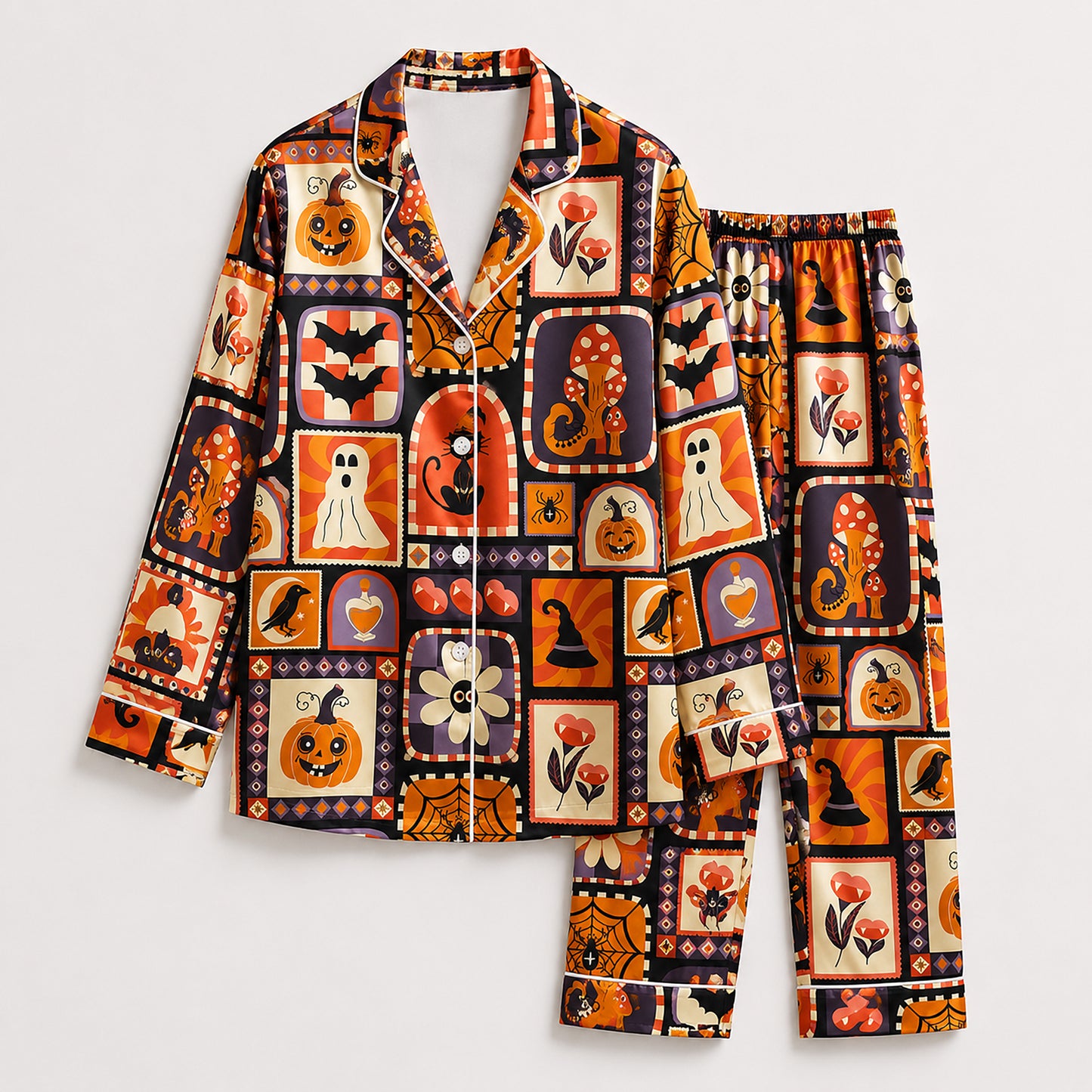 PJ-604-Retro Orange Halloween Patchwork Satin Pajamas Spooky Pumpkin Witch Sleepwear Pjs