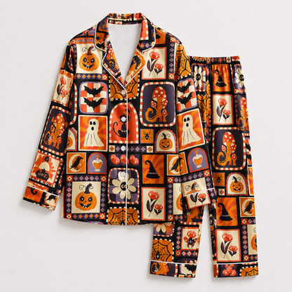 PJ-604-Retro Orange Halloween Patchwork Satin Pajamas Spooky Pumpkin Witch Sleepwear Pjs