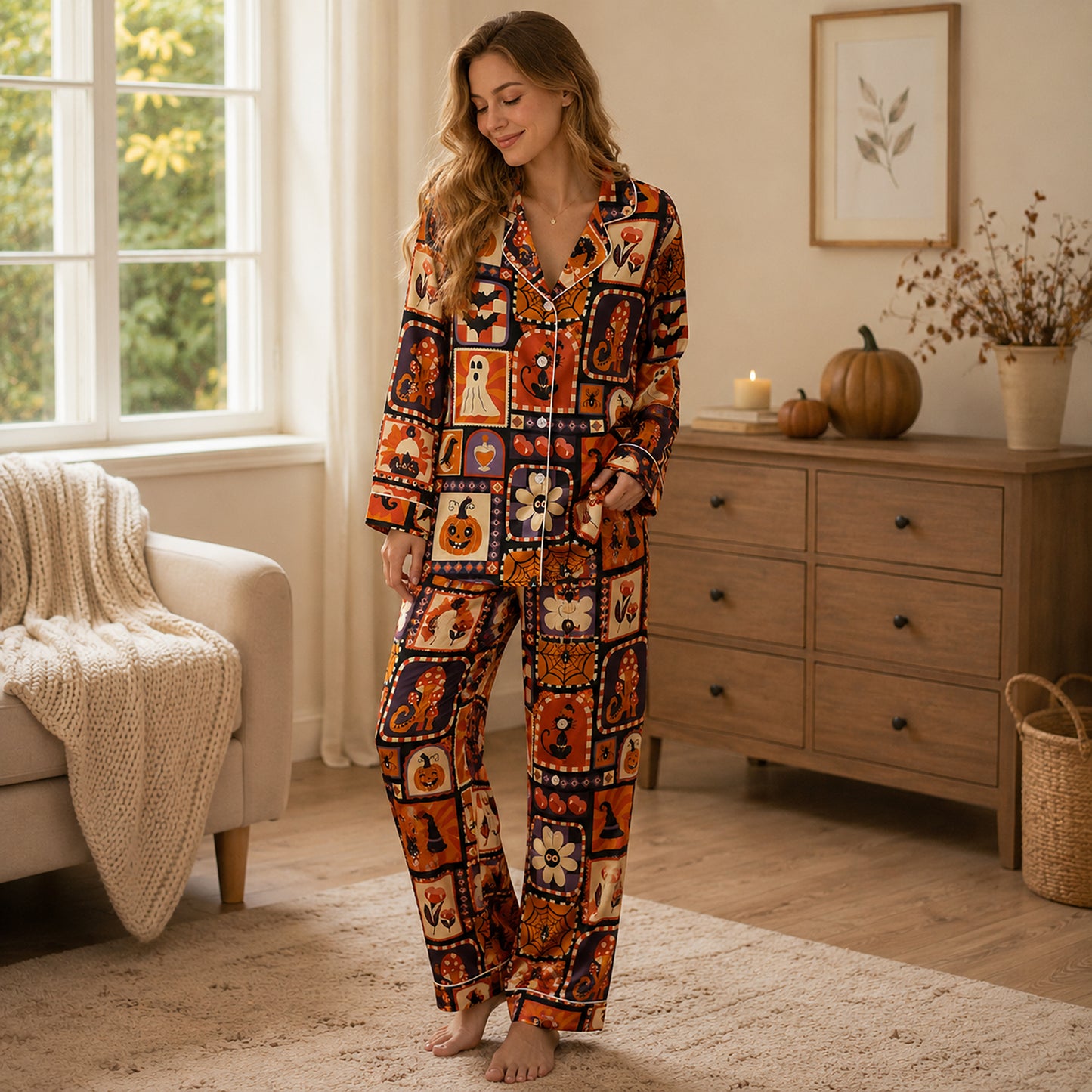 PJ-604-Retro Orange Halloween Patchwork Satin Pajamas Spooky Pumpkin Witch Sleepwear Pjs
