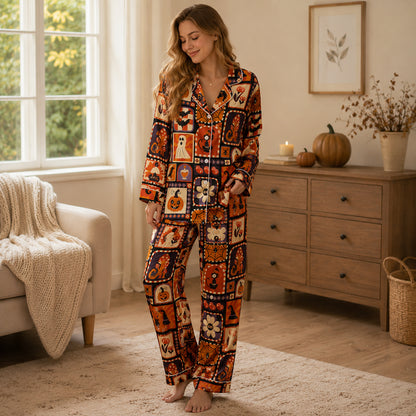PJ-604-Retro Orange Halloween Patchwork Satin Pajamas Spooky Pumpkin Witch Sleepwear Pjs
