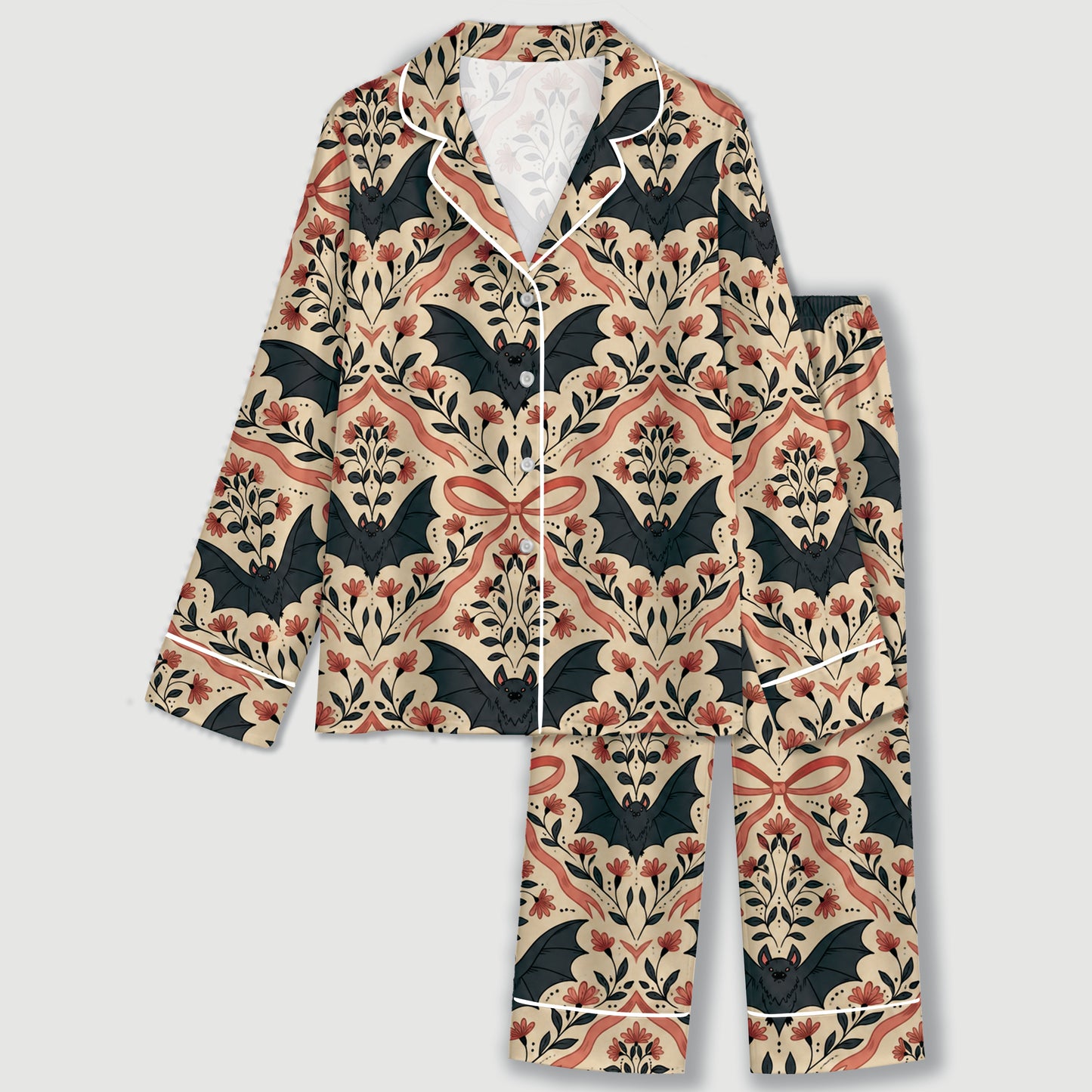 PJ-608-Beige Victorian Gothic Bat Satin Pajamas Red Floral Ribbon Damask Sleepwear Pjs