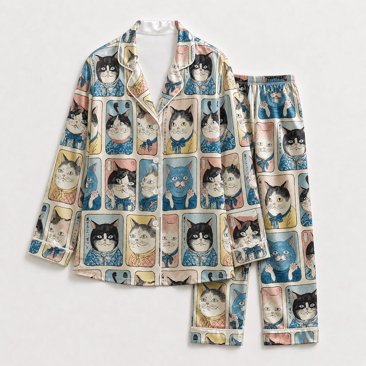 PJ-627-Vintage Japanese Feline Art Satin Pajamas Quirky Cat Sleepwear Pjs