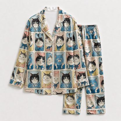 PJ-627-Vintage Japanese Feline Art Satin Pajamas Quirky Cat Sleepwear Pjs