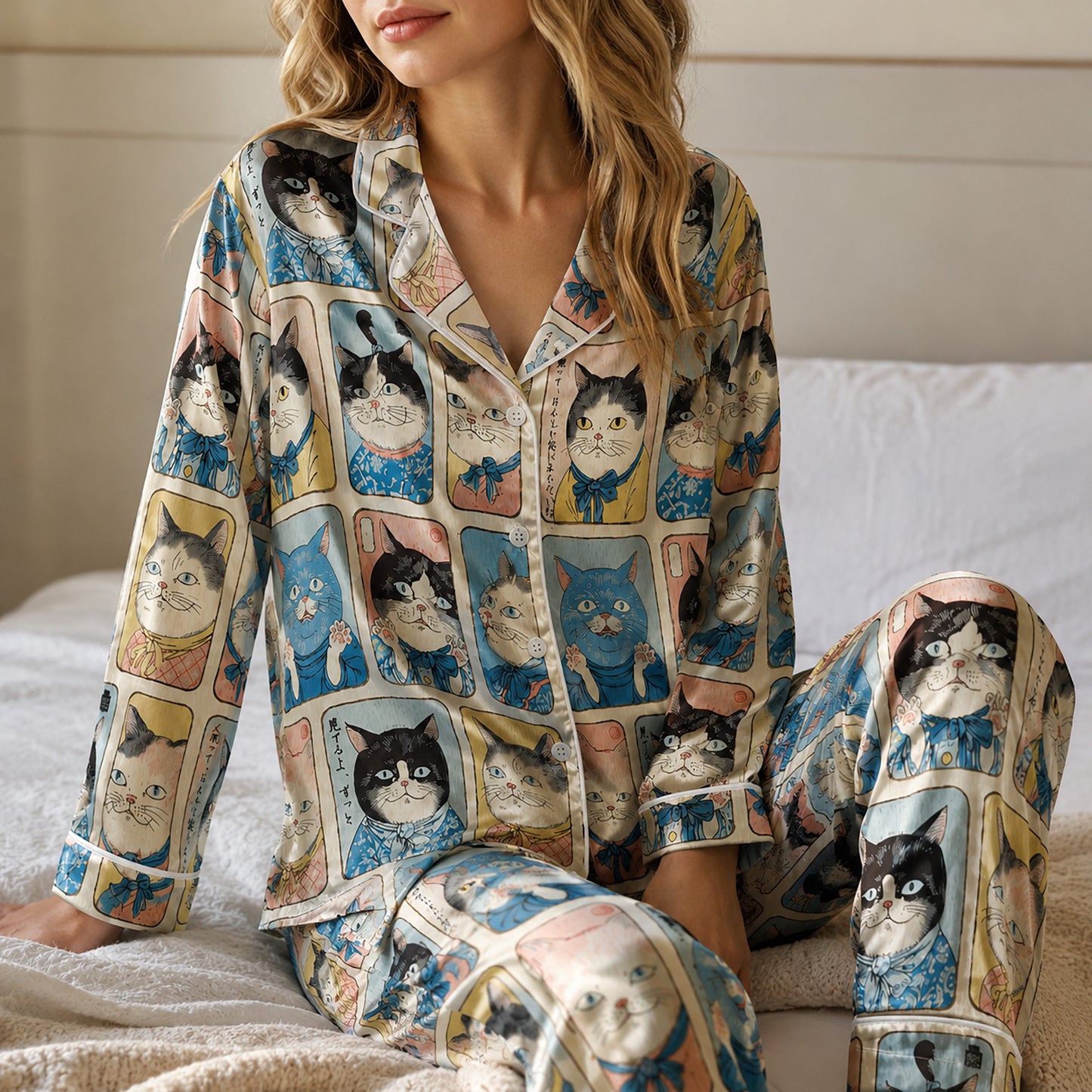 PJ-627-Vintage Japanese Feline Art Satin Pajamas Quirky Cat Sleepwear Pjs