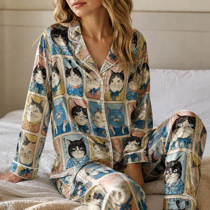 PJ-627-Vintage Japanese Feline Art Satin Pajamas Quirky Cat Sleepwear Pjs