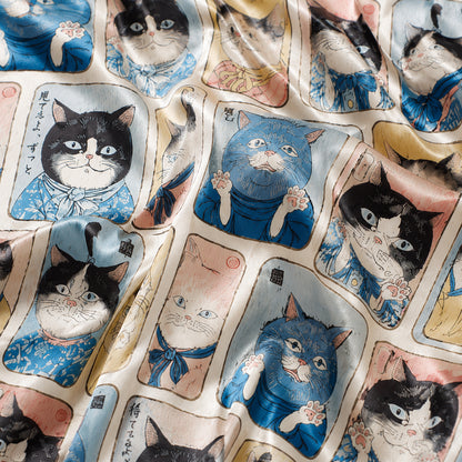 PJ-627-Vintage Japanese Feline Art Satin Pajamas Quirky Cat Sleepwear Pjs