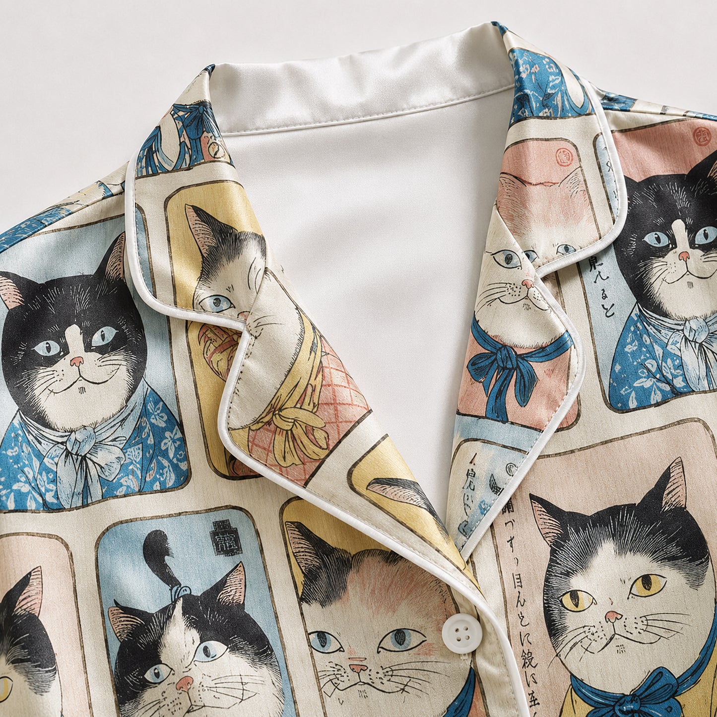 PJ-627-Vintage Japanese Feline Art Satin Pajamas Quirky Cat Sleepwear Pjs