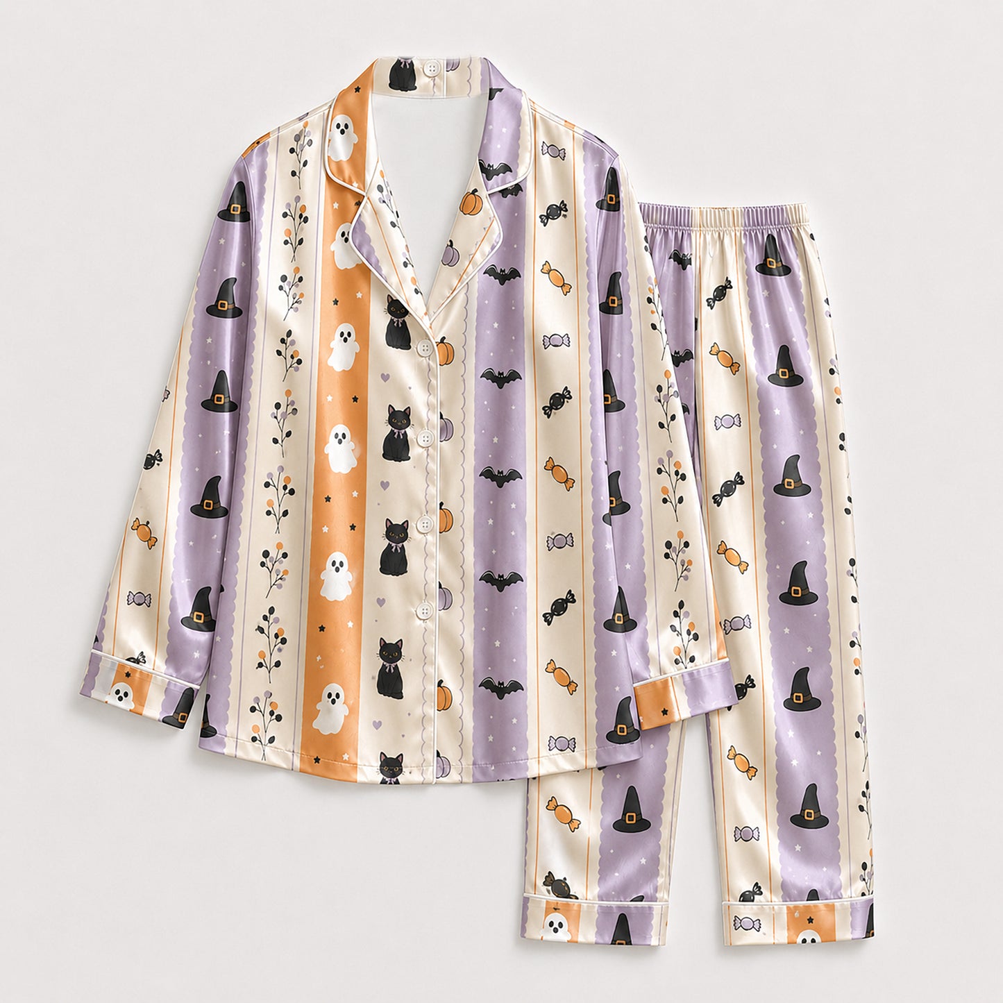 PJ-628-Pastel Halloween Ghost Cat Satin Pajamas Spooky Cute Stripe Sleepwear Pjs