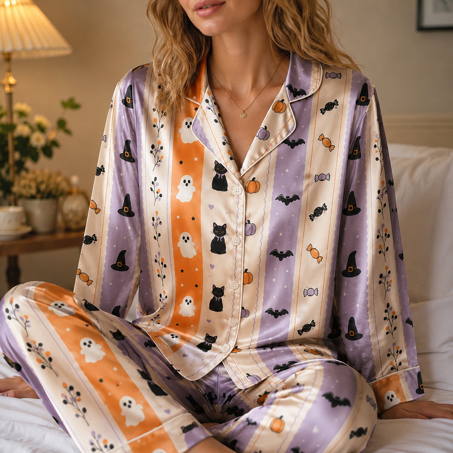 PJ-628-Pastel Halloween Ghost Cat Satin Pajamas Spooky Cute Stripe Sleepwear Pjs