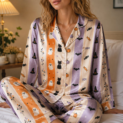 PJ-628-Pastel Halloween Ghost Cat Satin Pajamas Spooky Cute Stripe Sleepwear Pjs