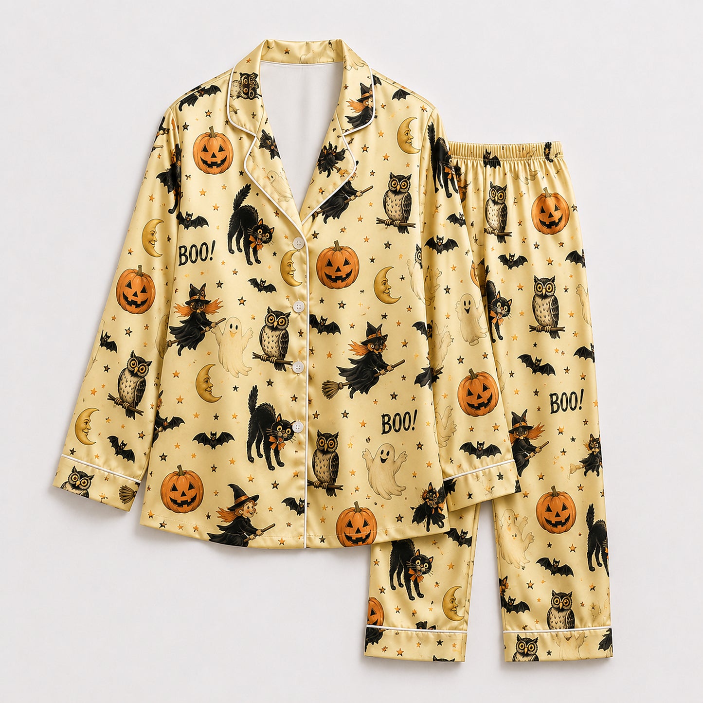 PJ-629-Spooky Autumn Lounge Set Yellow Satin Sleepwear Retro Halloween Pajamas