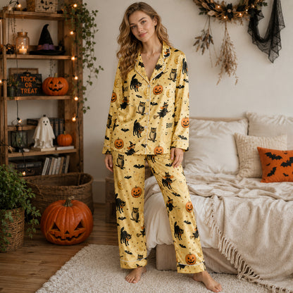 PJ-629-Spooky Autumn Lounge Set Yellow Satin Sleepwear Retro Halloween Pajamas