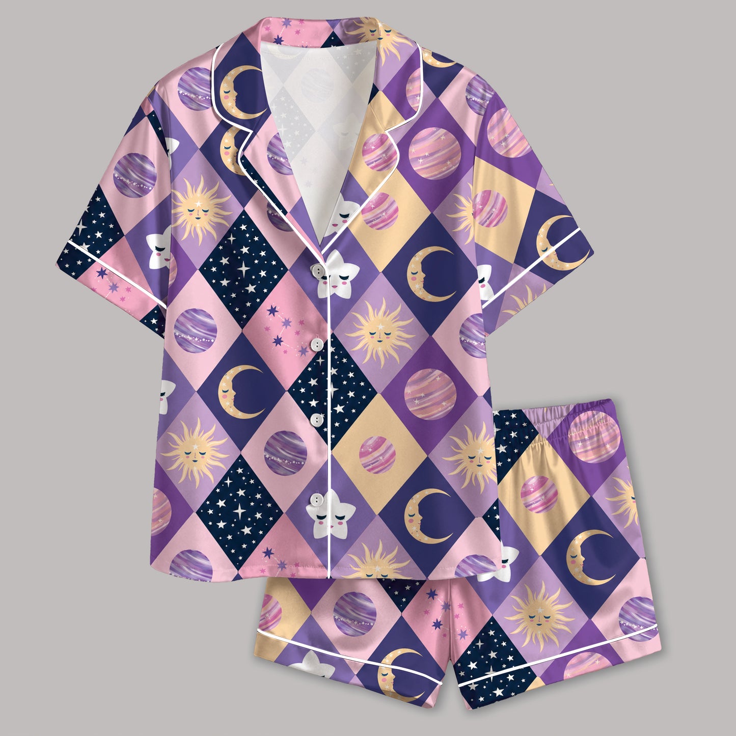 PJ-632-Celestial Diamond Pattern Satin Sleepwear Mystical Sun Moon Star Pajamas Pjs