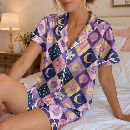 PJ-632-Celestial Diamond Pattern Satin Sleepwear Mystical Sun Moon Star Pajamas Pjs