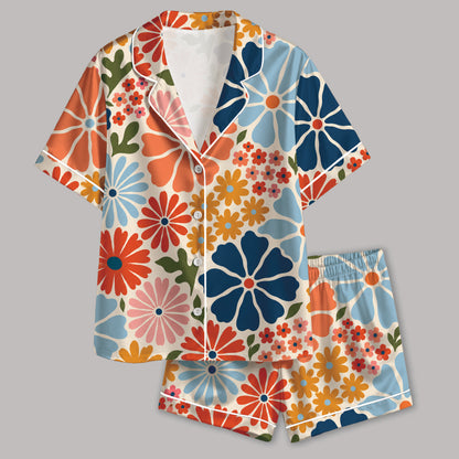 PJ-635-Retro Floral Satin Pajamas Vibrant Daisy Print Colorful Groovy Sleepwear Pjs