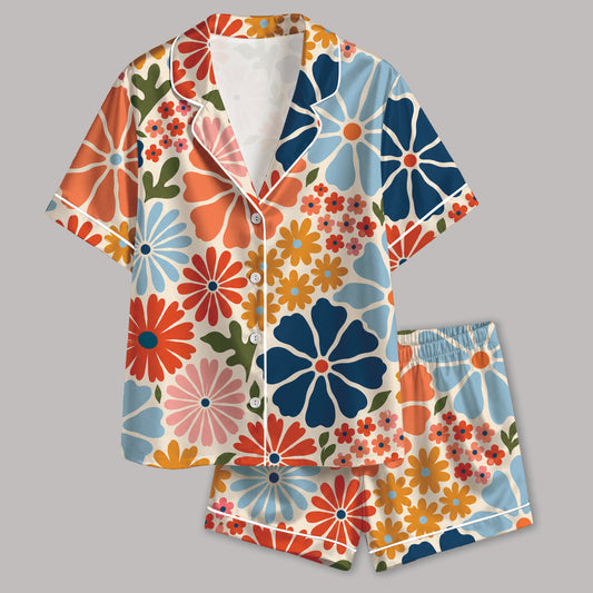 PJ-635-Retro Floral Satin Pajamas Vibrant Daisy Print Colorful Groovy Sleepwear Pjs