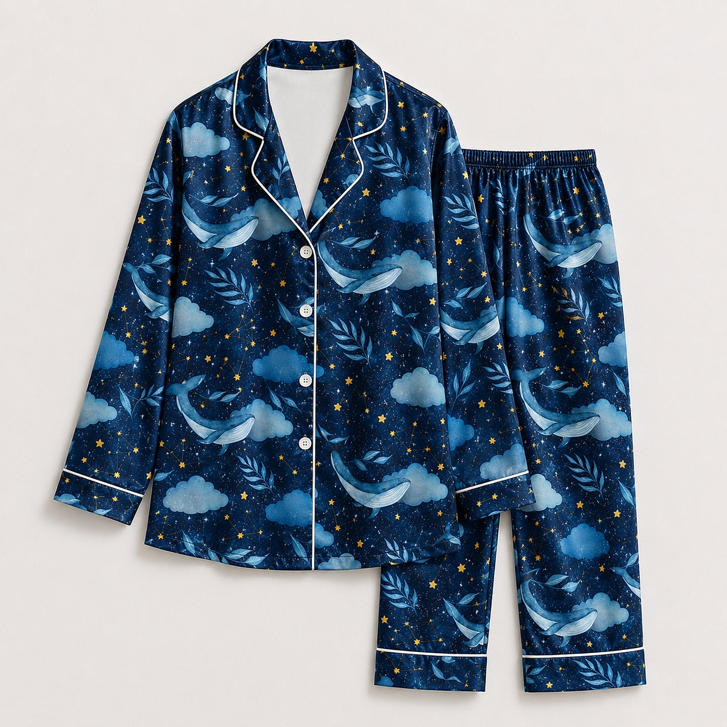 PJ-642-Ocean Sky Flying Whale Satin Sleepwear Celestial Constellation Night Pajamas Pjs