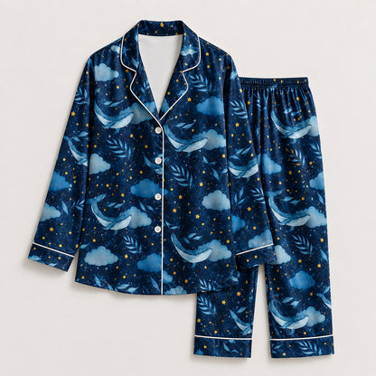 PJ-642-Ocean Sky Flying Whale Satin Sleepwear Celestial Constellation Night Pajamas Pjs