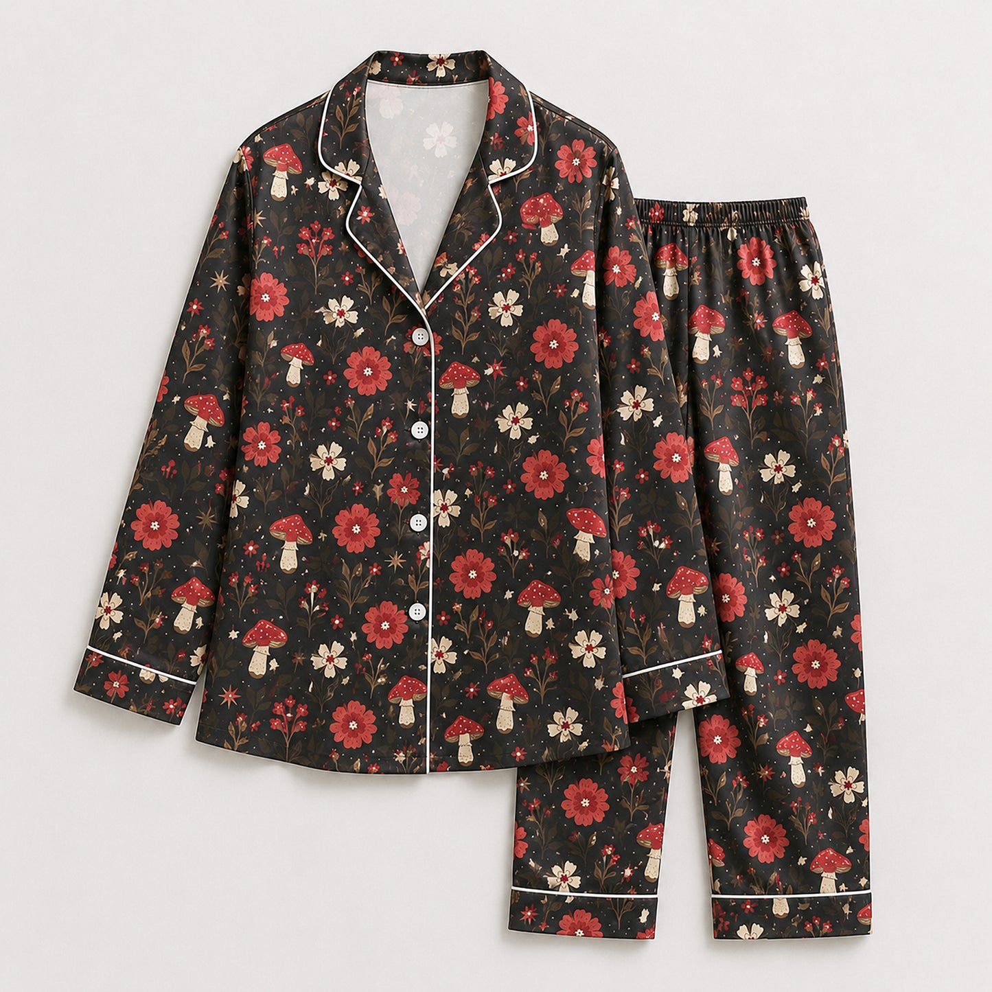 PJ-643-Dark Cottagecore Botanical Satin Pajamas Red Mushroom Forest Sleepwear Pjs