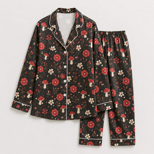 PJ-643-Dark Cottagecore Botanical Satin Pajamas Red Mushroom Forest Sleepwear Pjs