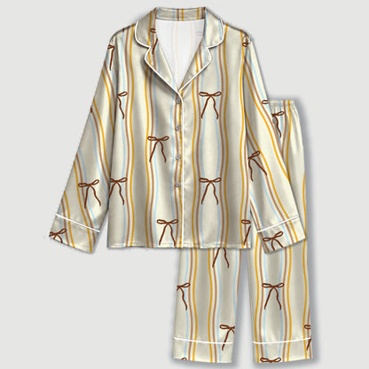 PJ-645-Coquette Ribbon Bow Wavy Stripe Pjs Cream Satin Sleepwear Lounge Set