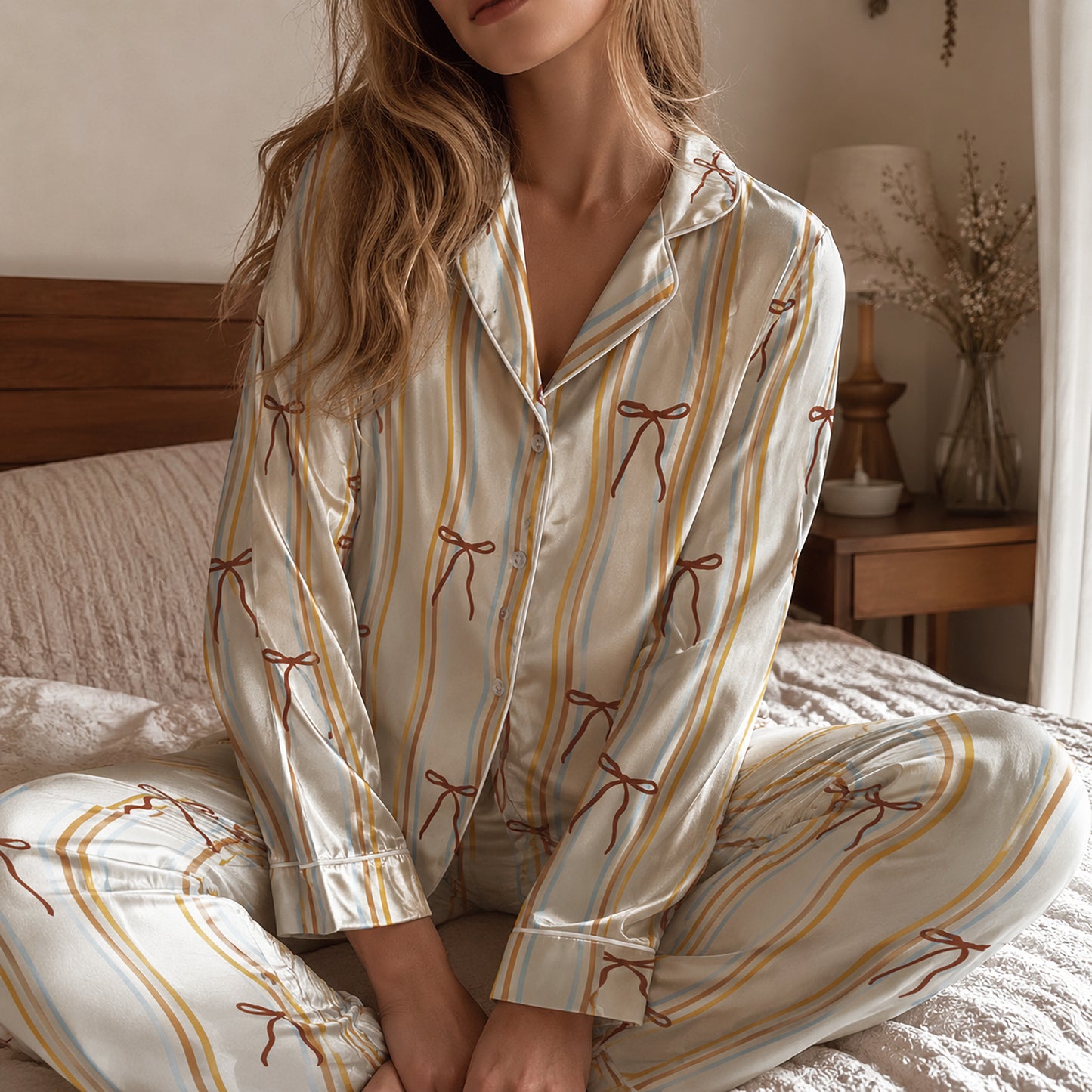 PJ-645-Coquette Ribbon Bow Wavy Stripe Pjs Cream Satin Sleepwear Lounge Set