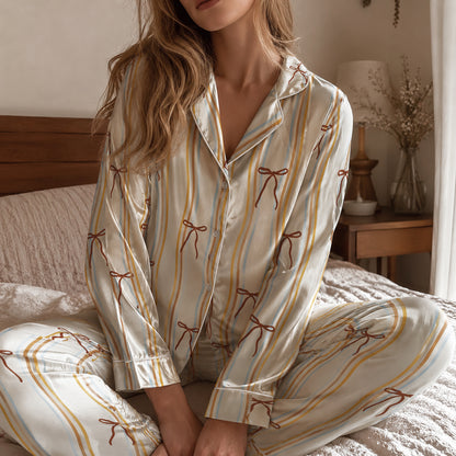 PJ-645-Coquette Ribbon Bow Wavy Stripe Pjs Cream Satin Sleepwear Lounge Set