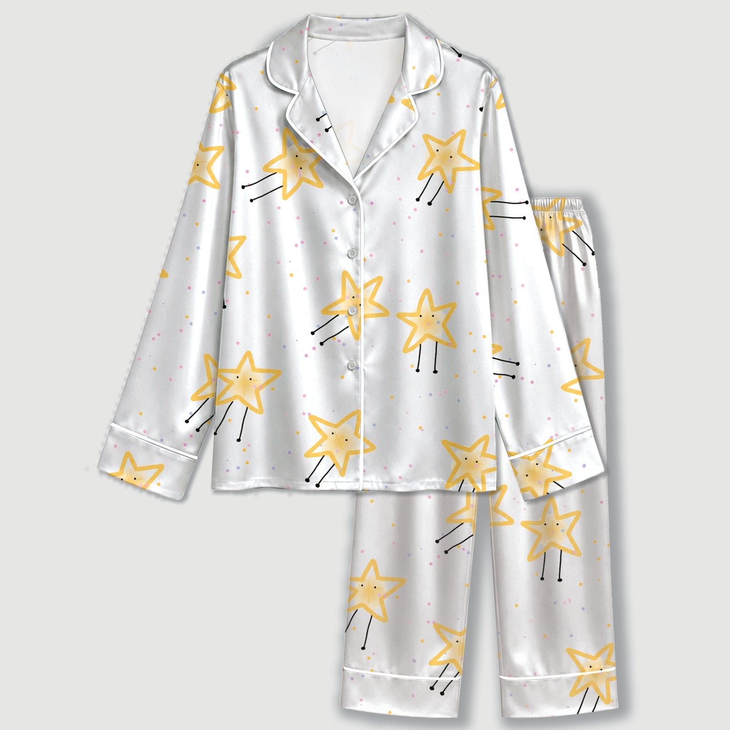 PJ-646-Smiling Star Satin Pajama Set, Cute Happy Star Pattern Sleepwear, Whimsical Celestial Print, Cozy Dreamy Loungewear, Soft Nightwear