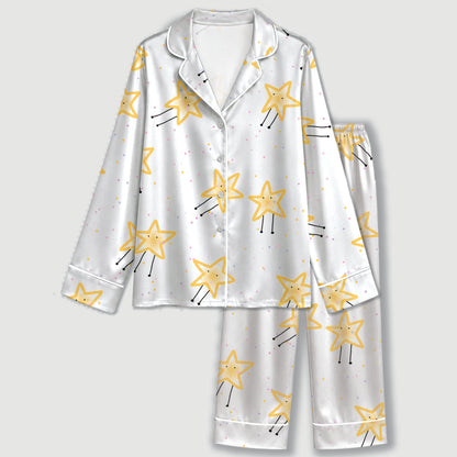 PJ-646-Smiling Star Satin Pajama Set, Cute Happy Star Pattern Sleepwear, Whimsical Celestial Print, Cozy Dreamy Loungewear, Soft Nightwear