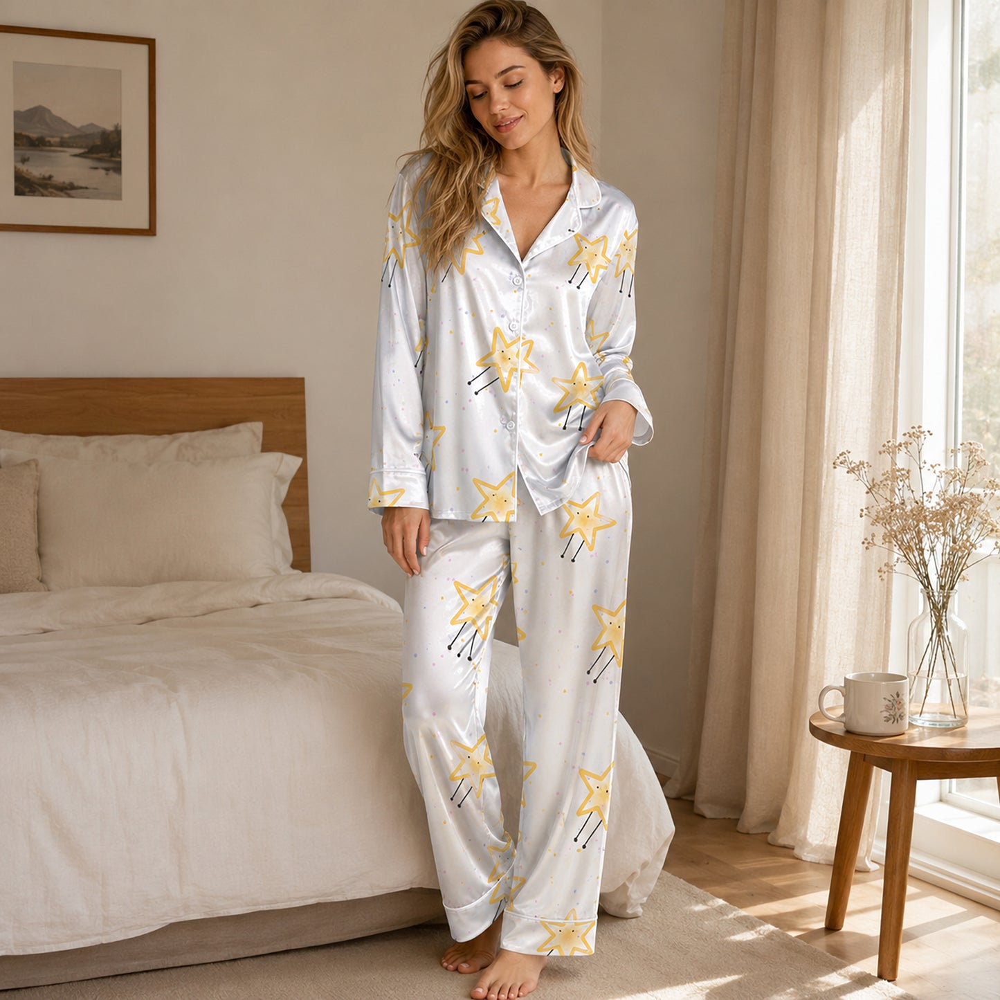 PJ-646-Smiling Star Satin Pajama Set, Cute Happy Star Pattern Sleepwear, Whimsical Celestial Print, Cozy Dreamy Loungewear, Soft Nightwear