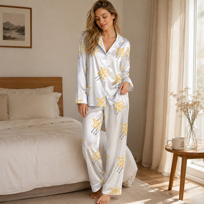 PJ-646-Smiling Star Satin Pajama Set, Cute Happy Star Pattern Sleepwear, Whimsical Celestial Print, Cozy Dreamy Loungewear, Soft Nightwear