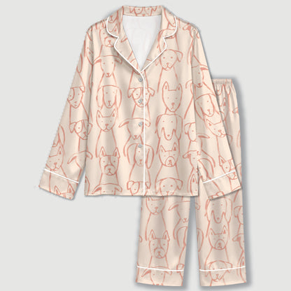 PJ-647-Pink Dog Satin Pajama Set, Cute Puppy Pattern Sleepwear, Whimsical Pet Print Loungewear, Cozy Everyday Pajamas, Soft Nightwear
