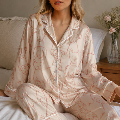 PJ-647-Pink Dog Satin Pajama Set, Cute Puppy Pattern Sleepwear, Whimsical Pet Print Loungewear, Cozy Everyday Pajamas, Soft Nightwear