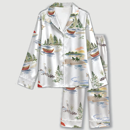 PJ-648-Riverside Landscape Satin Pajama Set, Scenic Nature Print Sleepwear, Peaceful River View Loungewear, Cozy Relaxing Pajamas
