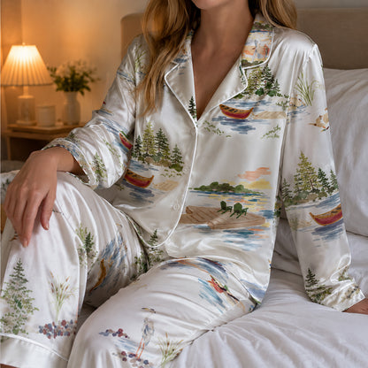 PJ-648-Riverside Landscape Satin Pajama Set, Scenic Nature Print Sleepwear, Peaceful River View Loungewear, Cozy Relaxing Pajamas