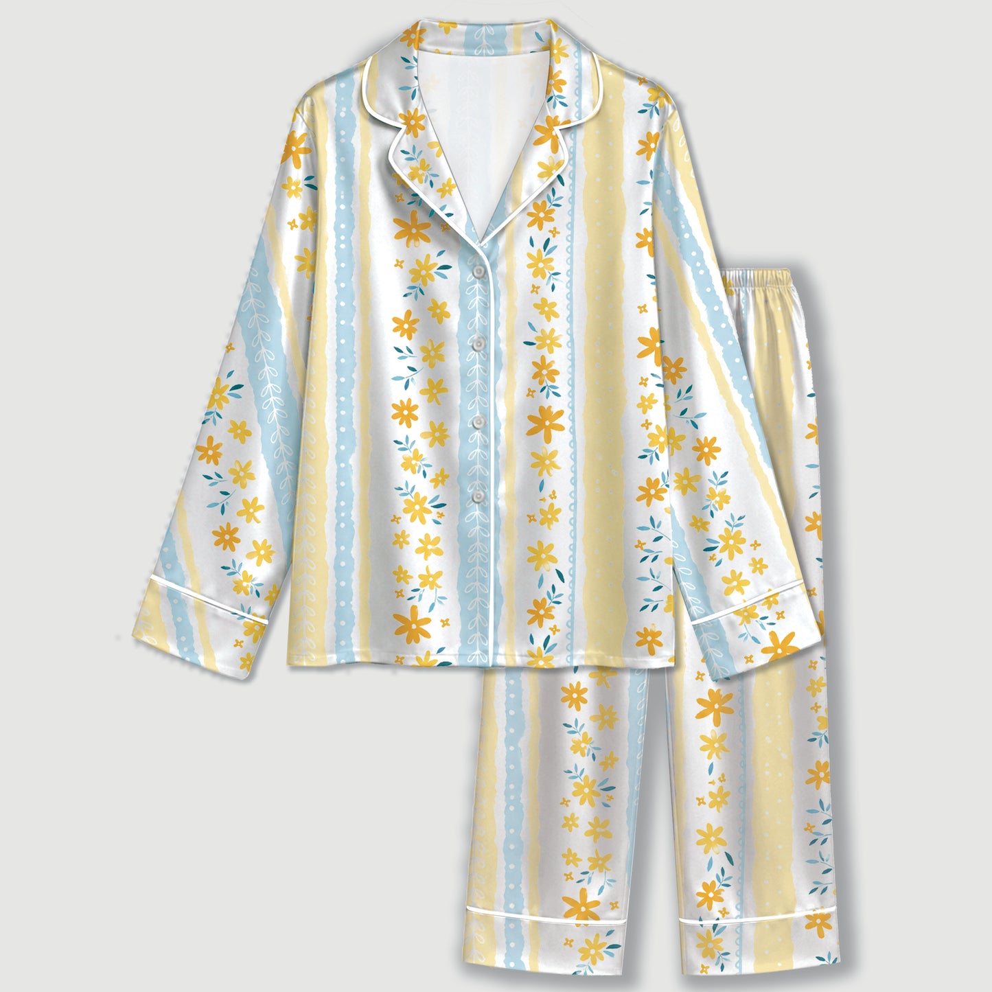 PJ-649-Light Blue Yellow Striped Floral Pjs Satin Sleepwear Summer Pajamas