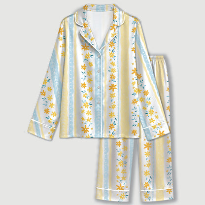 PJ-649-Light Blue Yellow Striped Floral Pjs Satin Sleepwear Summer Pajamas