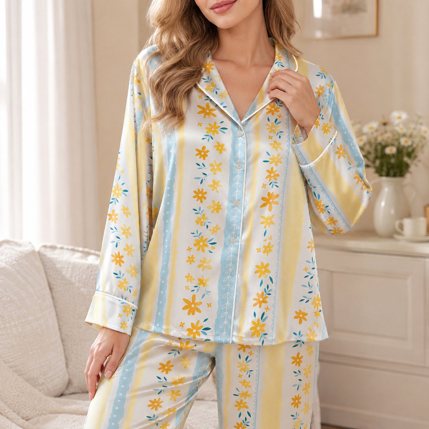 PJ-649-Light Blue Yellow Striped Floral Pjs Satin Sleepwear Summer Pajamas
