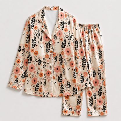 PJ-651-Floral Satin Pajama Set, Elegant Botanical Print Sleepwear, Soft Button Down Loungewear, Cozy Nightwear Gift
