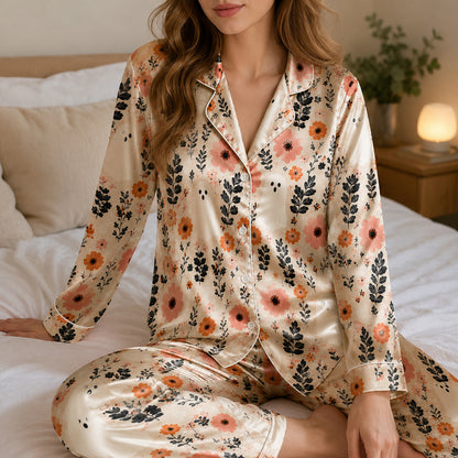 PJ-651-Floral Satin Pajama Set, Elegant Botanical Print Sleepwear, Soft Button Down Loungewear, Cozy Nightwear Gift