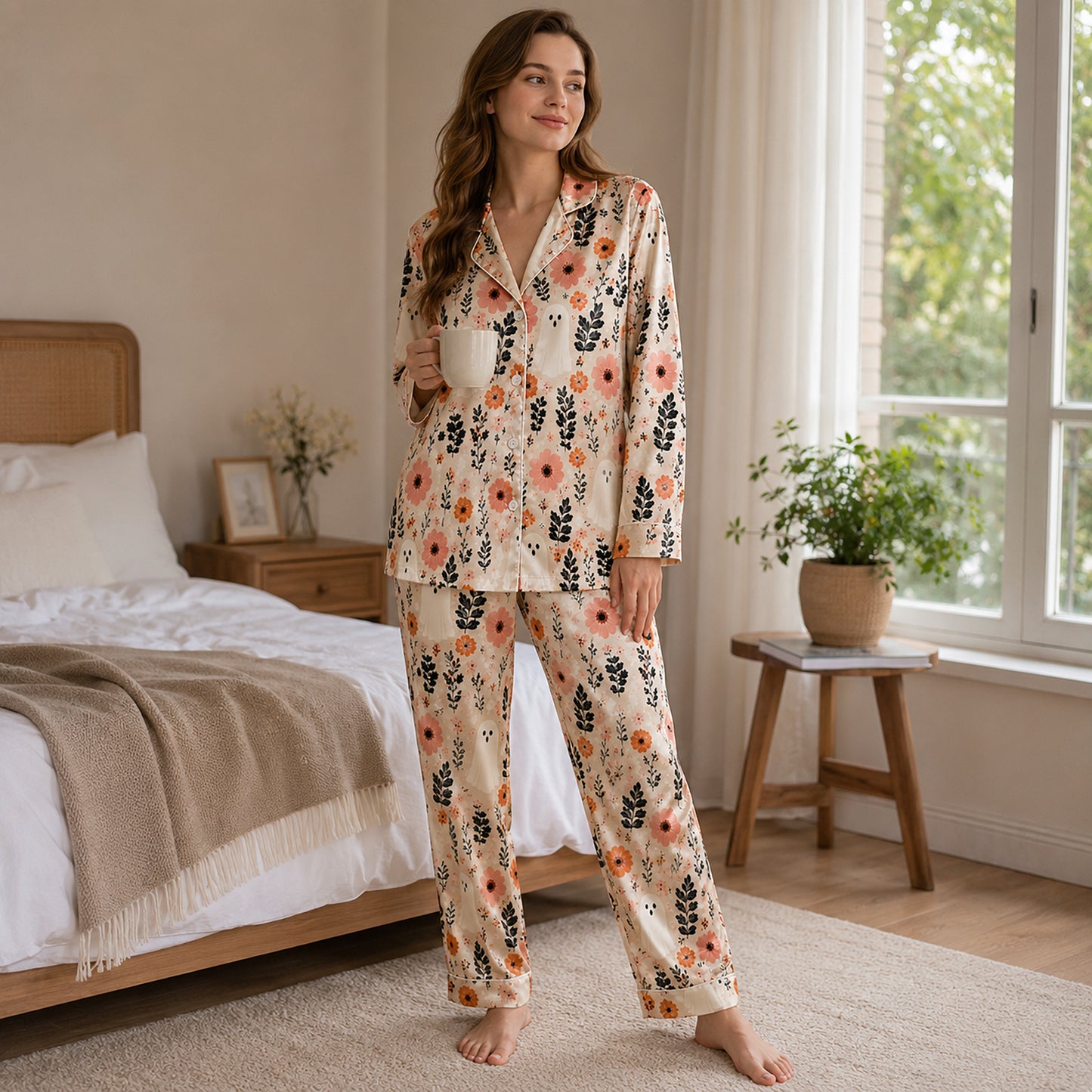PJ-651-Floral Satin Pajama Set, Elegant Botanical Print Sleepwear, Soft Button Down Loungewear, Cozy Nightwear Gift
