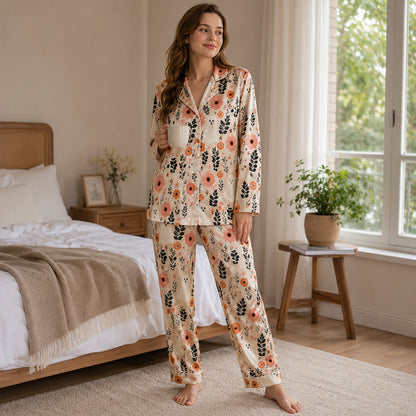 PJ-651-Floral Satin Pajama Set, Elegant Botanical Print Sleepwear, Soft Button Down Loungewear, Cozy Nightwear Gift